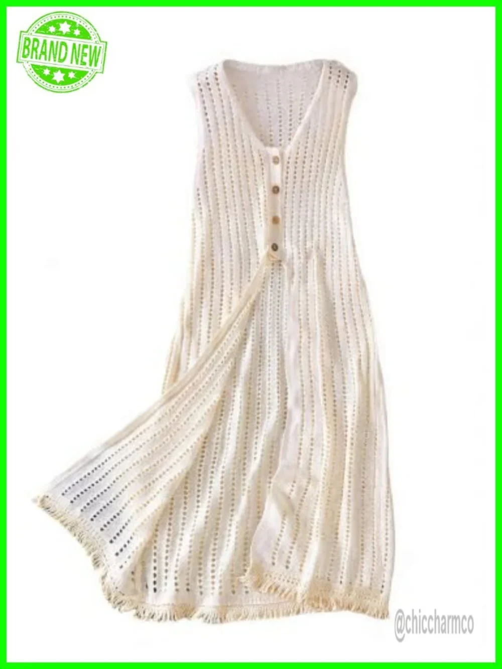 Boho Crochet Long Cardigan Sleeveless Fringe Knit Vest Button Down V Neck